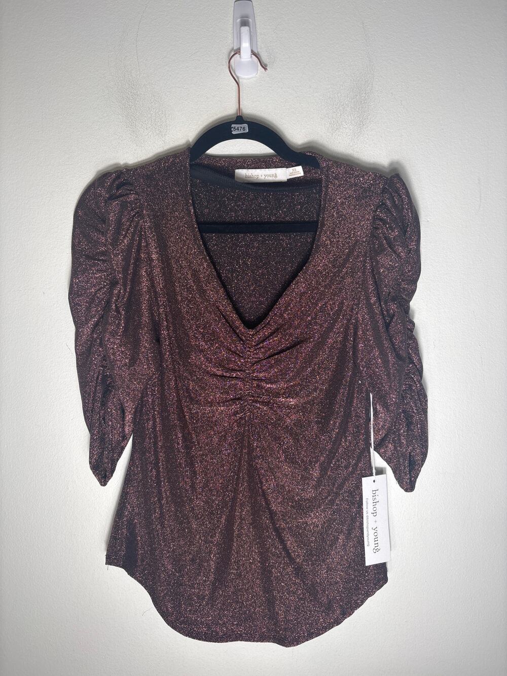 NWT Bishop + Young Metallic Half Sleeve Ruched Top Sz XS